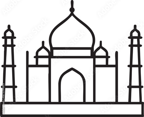 Taj Mahal vector illustration in black and white outline, iconic monument design for travel, heritage and cultural themes