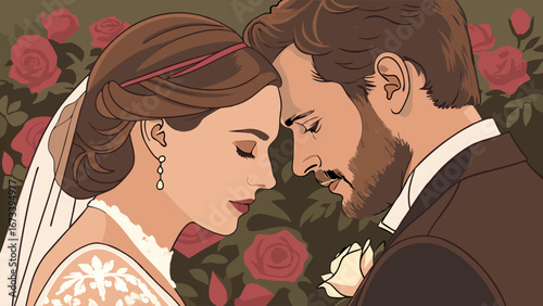 Romantic Couple Portrait Wedding Illustration Bride and Groom Close Up Floral Background Love Romance Marriage Vector Art Illustration Digital Art.