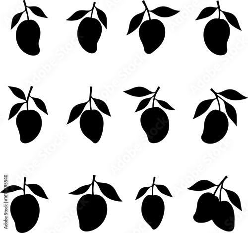 "Black and White Mango Silhouette Set" Vector