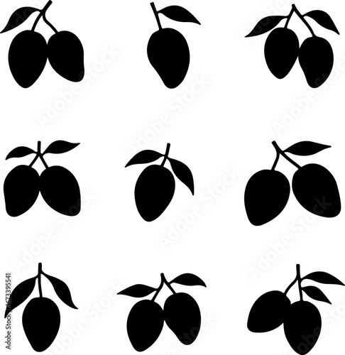 "Black and White Mango Silhouette Set" Vector