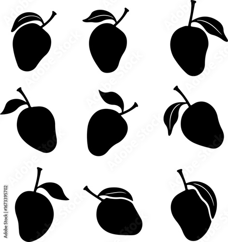 "Black and White Mango Silhouette Set" Vector