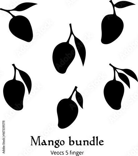 "Black and White Mango Silhouette Set" Vector