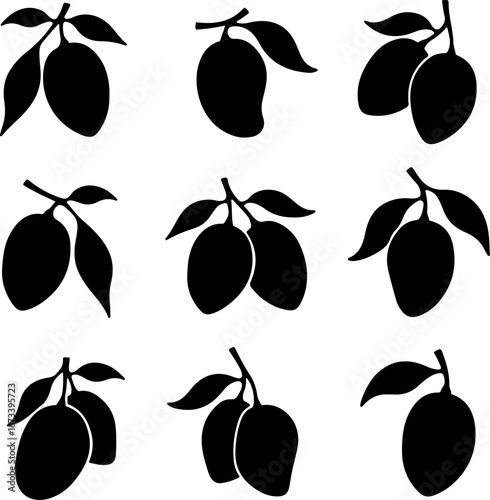 "Black and White Mango Silhouette Set" Vector