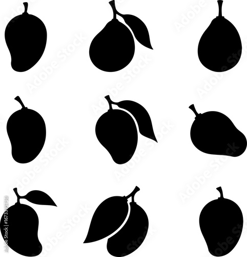"Black and White Mango Silhouette Set" Vector