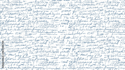 Seamless white pattern of abstract illegible handwritten text. Vintage grunge calligraphy script, old book document. Vector illustration of monochrome unreadable handwriting cursive poetry