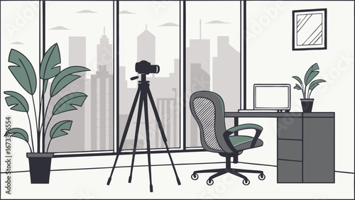 Studio Office Desk Setup with Camera on Tripod and City View Illustration.