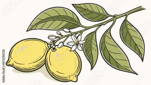Lemons on Branch with Blossoms Botanical Illustration of Citrus Fruit and Leaves.