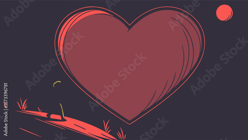 A stylized illustration of a tiny figure walking towards a large heart-shaped form under a night sky with a planet or moon.