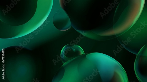 Luminous green bubbles in dark setting. Artificial intelligence image