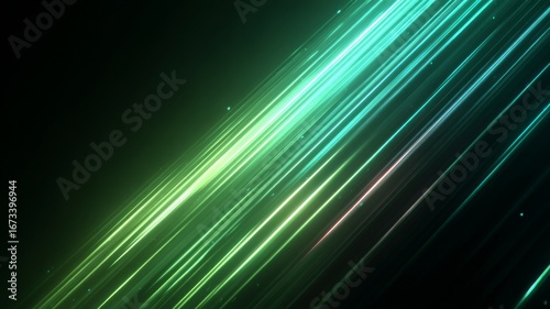 Green light streaks in motion. Artificial intelligence image