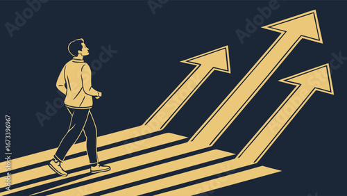 Man walking towards upward trending arrows progress growth success future ambition career path journey vector illustration.
