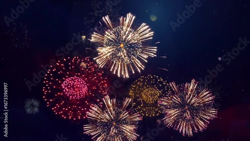 Animated film of a festive fireworks display, a view of the night sky during Christmas and New Year