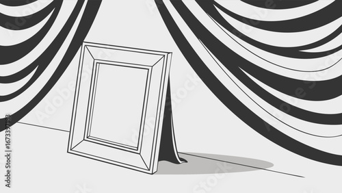 Empty picture frame mockup on floor with draped fabric background.