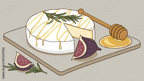 Cheese with honey figs and rosemary on a wooden board.