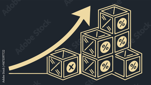 Abstract illustration of growing percentage upward trend business growth increase profit success financial growth data visualization percentage increase boxes cubes graphic design vector illustration.