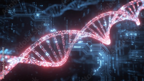 Glowing dna helix in digital cosmos. Artificial intelligence image