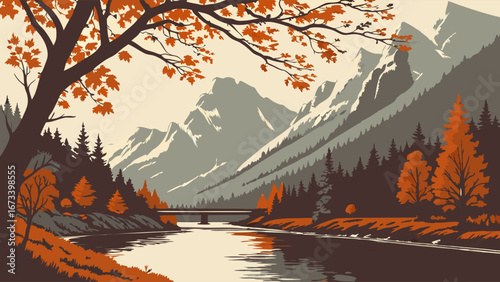 Autumnal Mountain River Landscape with Bridge and Trees Scenic Fall Nature Illustration.