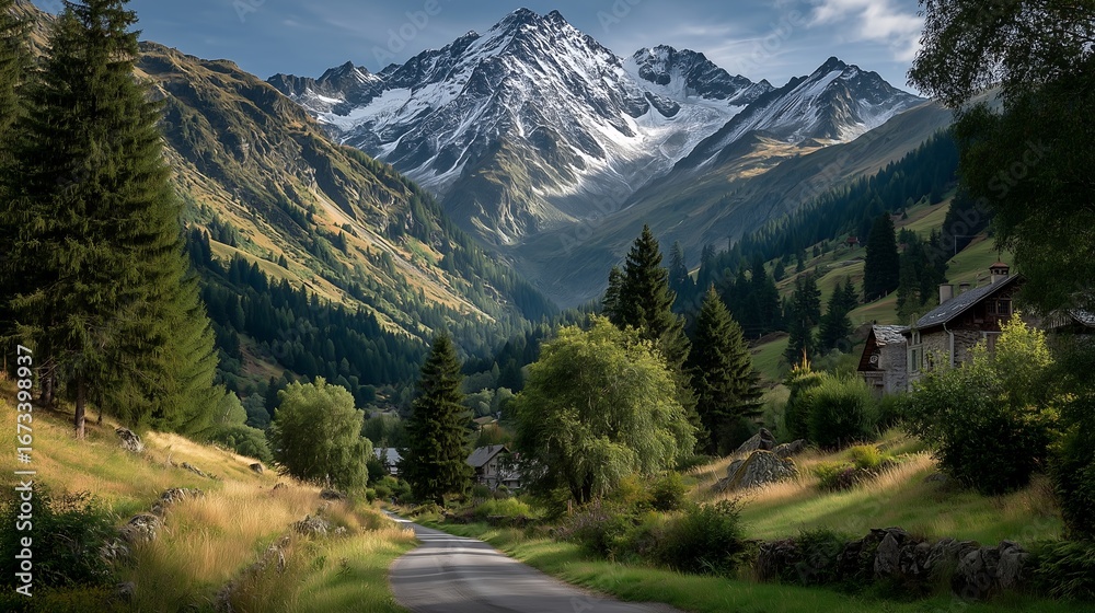 Obraz premium Swiss alpine village sunset street scene with snow mountains, golden hour aerial view, red roof houses green fields road, cinematic hyperrealistic landscape