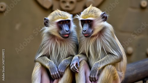 Two baboons sitting together and delousing