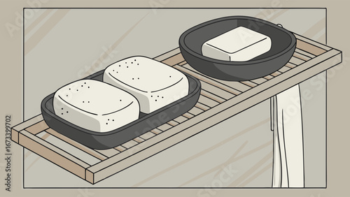 Rectangular soap dish with two bars of soap and a single soap dish on a wooden shelf with towel illustration.