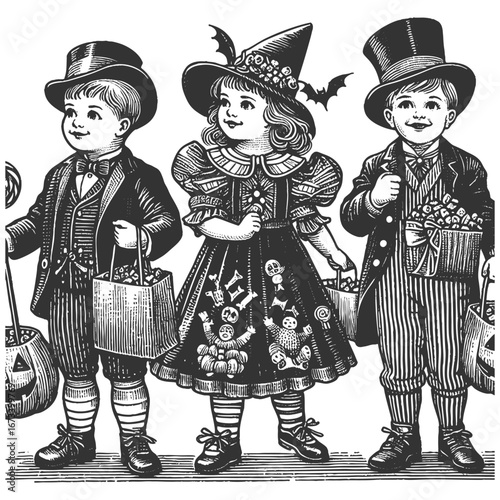 children dressed in Halloween costumes carrying candy bags while trick-or-treating sketch engraving generative ai fictional character vector illustration. Scratch board imitation. Black and white.