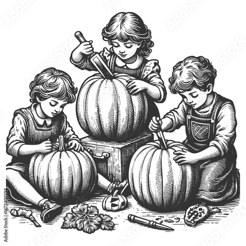 children carving pumpkins into jack-o-lanterns, Halloween tradition sketch engraving generative ai fictional character vector illustration. Scratch board imitation. Black and white image.
