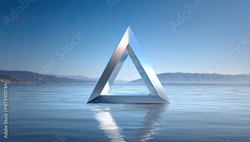Fototapeta Naklejka Na Ścianę i Meble -  Silver triangle floats on still water, mountains beyond