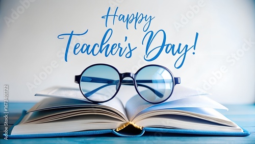 Happy Teachers Day message with eyeglasses on open book for education