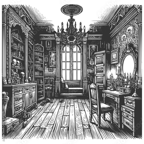 richly decorated Victorian room with chandeliers, clocks, rugs, and antique wooden furniture sketch engraving generative ai vector illustration. Scratch board imitation. Black and white image.