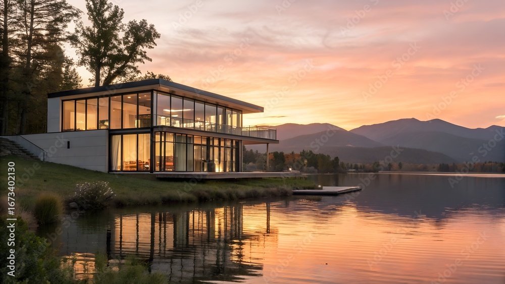 Fototapeta premium a modern house at sunset by the lake showcasing