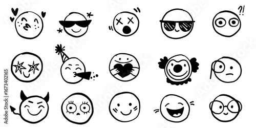 Cartoon people face emotions set in doodle scribble pencil marker style hand drawn set.