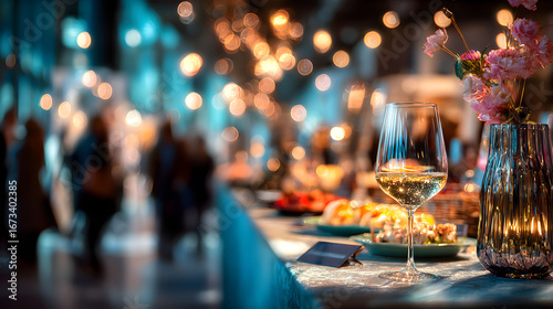 Elegant buffet table with food and wine at festive event with lights  