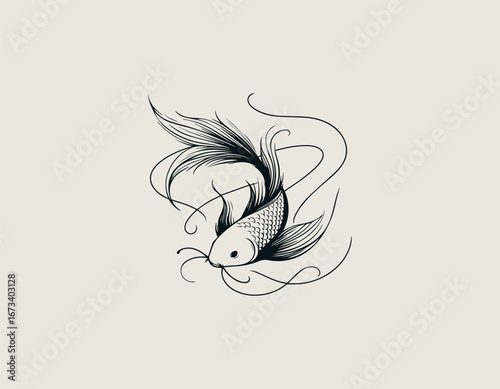 Graceful and elegant koi fish illustration with long, flowing fins and a delicate curving body. Nature concept