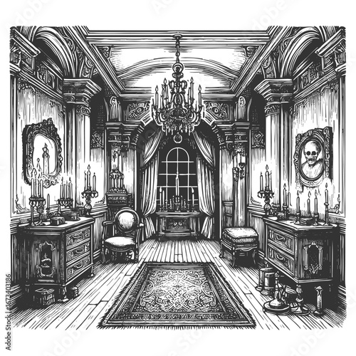 richly decorated Victorian room with chandeliers, clocks, rugs, and antique wooden furniture sketch engraving generative ai vector illustration. Scratch board imitation. Black and white image.
