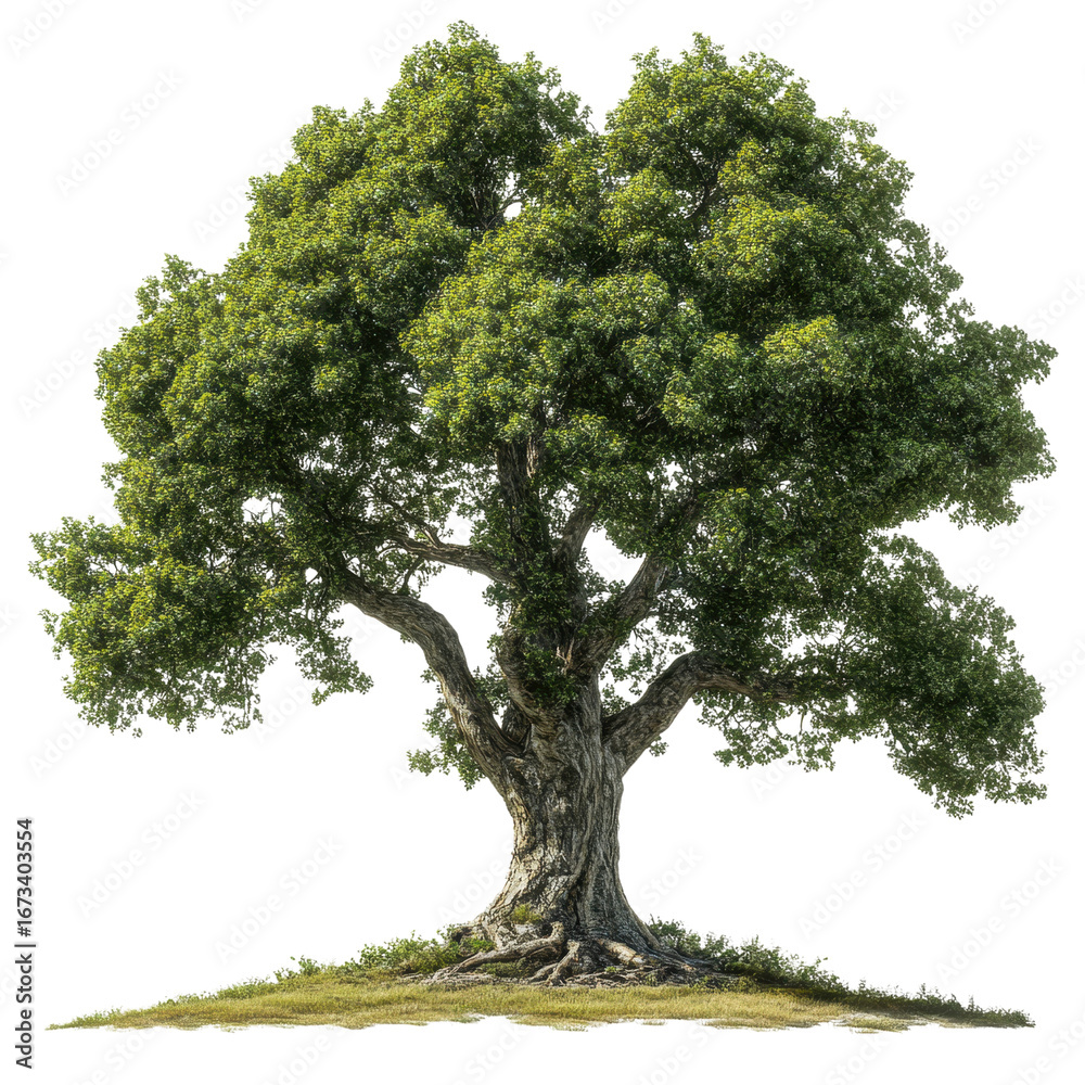 Fototapeta premium Majestic Oak: A towering oak, its sprawling branches laden with vibrant green leaves, stands as a symbol of strength and endurance in a serene nature scene.