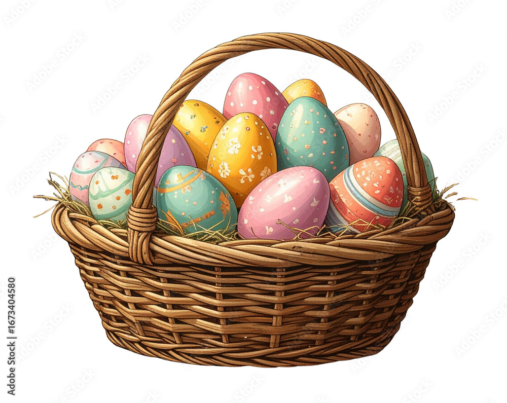 Fototapeta premium Easter Egg Basket Icon with Colorful Painted Eggs, hand-drawn sketch style, isolated on transparent background
