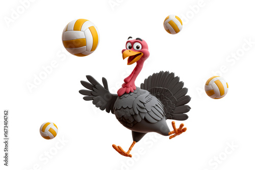 Turkey playing volleyball with floating balls