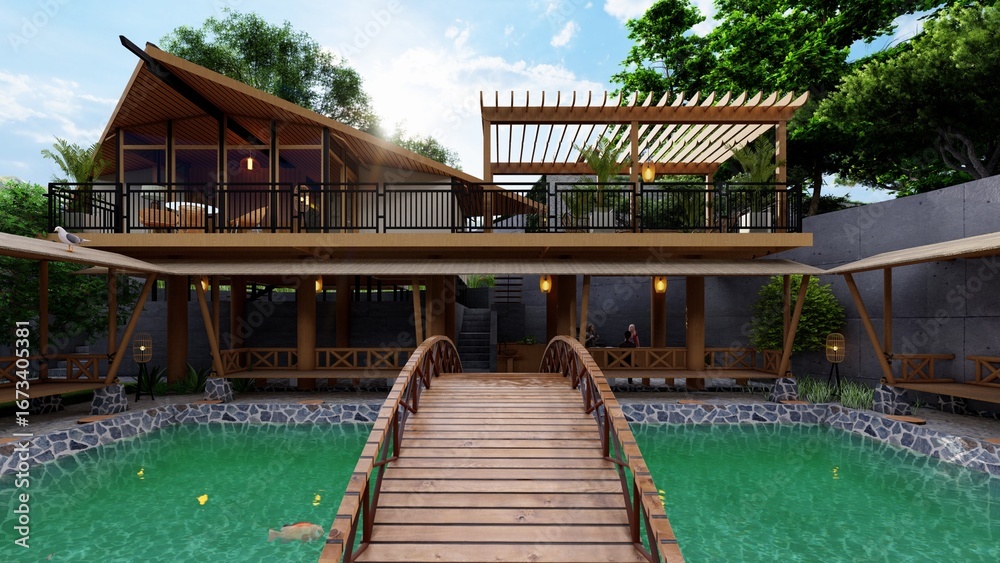 Obraz premium wooden villa in the middle of the village, with a bridge over the fish pond