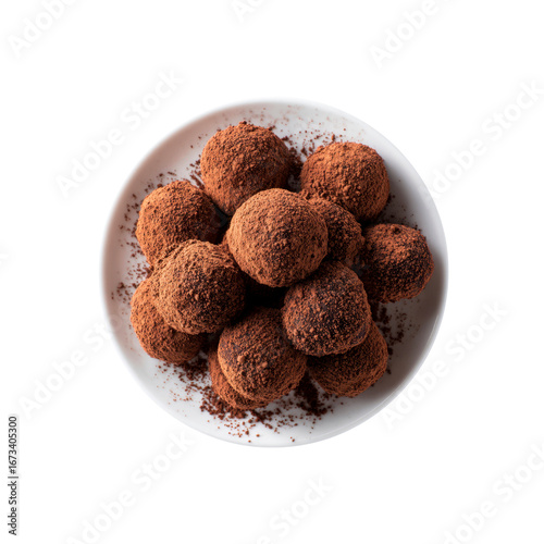 Delicious Chocolate Truffles on White Plate, Overhead View