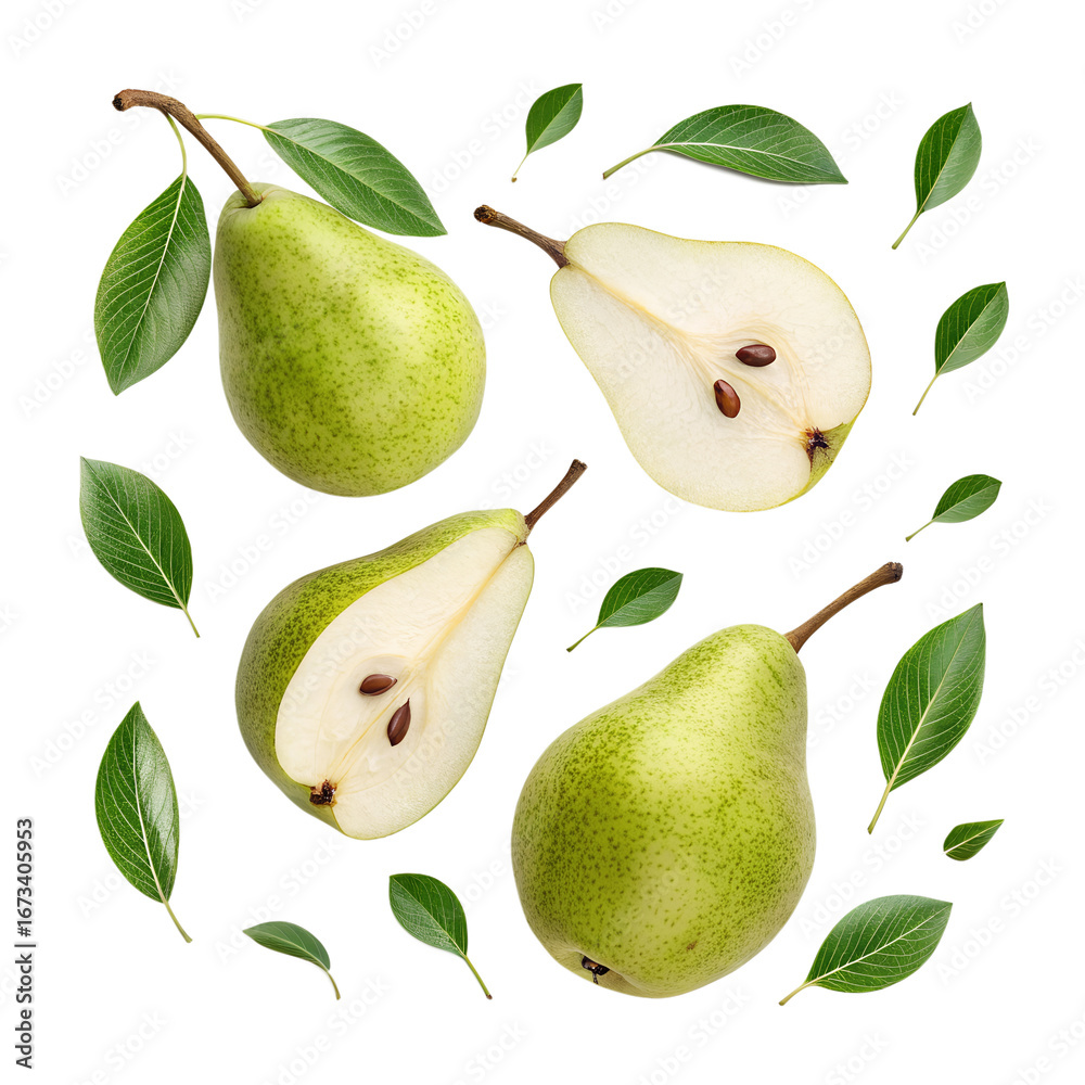 Obraz premium Vibrant green pears, whole and half-cut, with fresh leaves, are scattered and appear to float, perfectly isolated on a clear background.