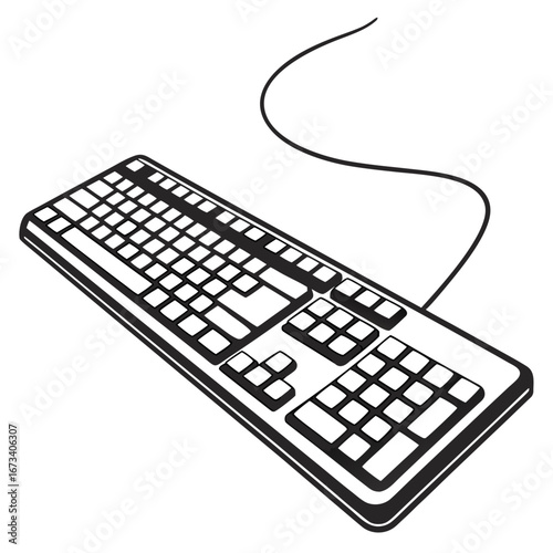 Illustration of a computer keyboard with a cable extending from the top right corner of the keyboard created with generated ai