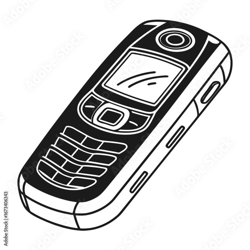 Illustration of a classic mobile phone with a screen keypad and camera in black and white style created with generated ai