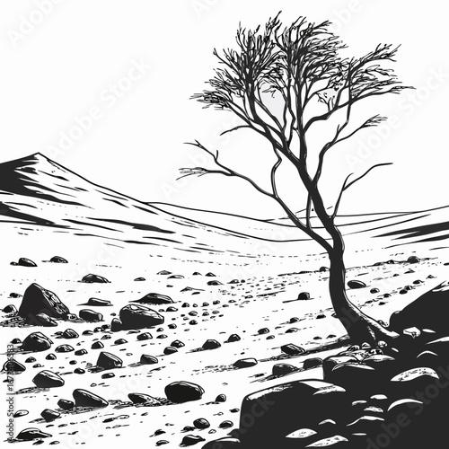 A desolate landscape with a barren tree and scattered rocks under a bright sky in monochrome style created with generated ai