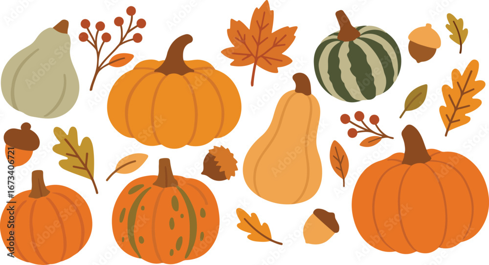 A simple flat vector illustration of pumpkins, squash, acorns, and autumn leaves. A seasonal harvest design perfect for Thanksgiving, fall decor, woodland themes, and cozy rustic backgrounds.