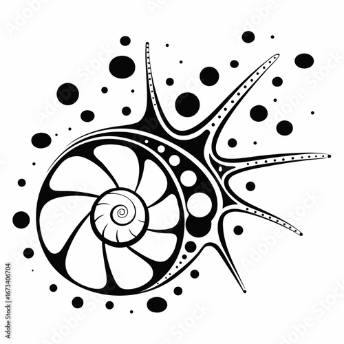 Stylized nautilus shell with radiating spines and scattered dots in black and white design created with generated ai