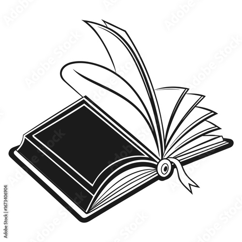 Illustration of an open book with pages flipping and a ribbon bookmark in black and white style drawing created with generated ai