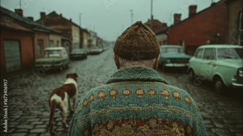 Elderly Man in Patterned Wool Sweater Walking Dog Down Empty Cobblestone Street with Vintage Cars and Old Buildings on a Gloomy Day in a Quiet European Town