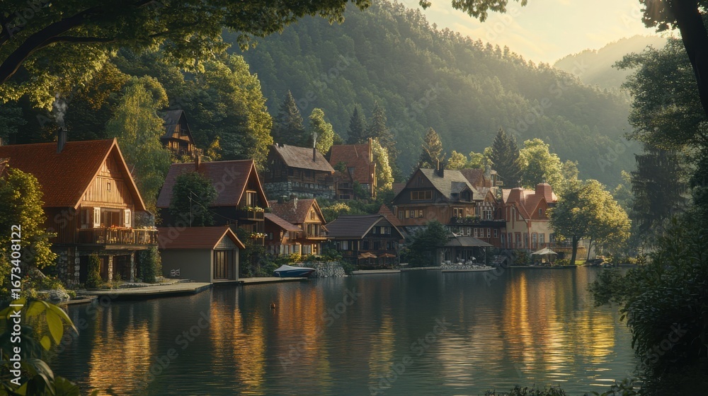 Fototapeta premium Lakeside village houses reflecting in calm water with lush greenery and sunlight