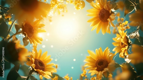 Vibrant sunflowers framing a bright sunlit sky with soft focus