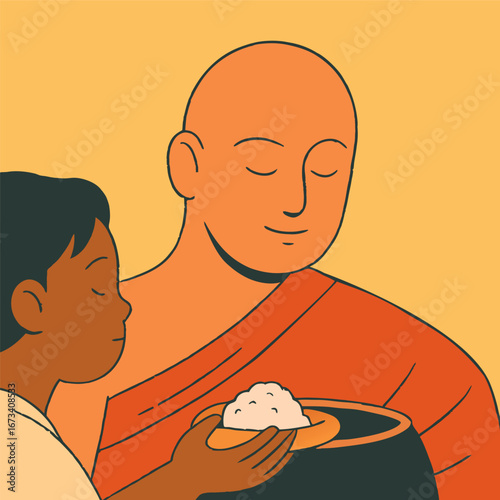 Pchum Ben Day festival, young boy with food trays monks holding alms bowls